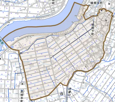 植柳下町とその周辺の地図。町の範囲を重ねている