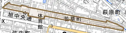 若草町とその周辺の地図。町の範囲を重ねている