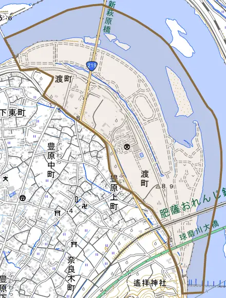 渡町とその周辺の地図。町の範囲を重ねている