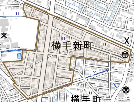 横手新町とその周辺の地図。町の範囲を重ねている