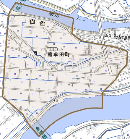 葭牟田町とその周辺の地図。町の範囲を重ねている