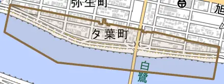 夕葉町とその周辺の地図。町の範囲を重ねている