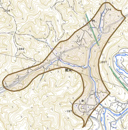 旭町とその周辺の地図。町の範囲を重ねている