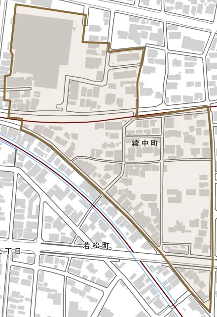 綾中町とその周辺の地図。町の範囲を重ねている