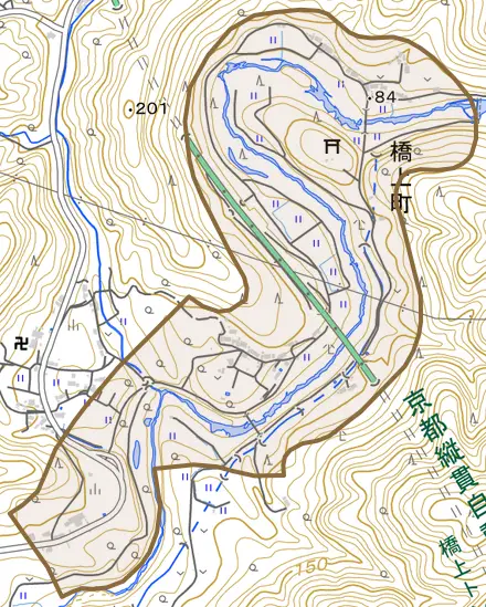 橋上町とその周辺の地図。町の範囲を重ねている