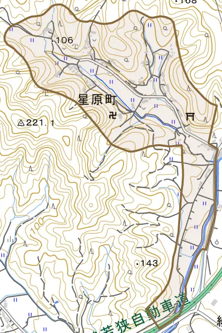 星原町とその周辺の地図。町の範囲を重ねている