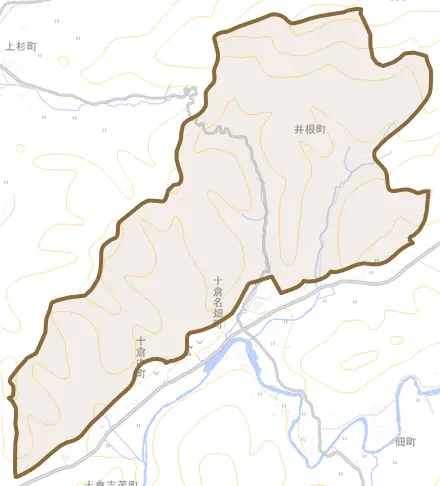 井根町とその周辺の地図。町の範囲を重ねている