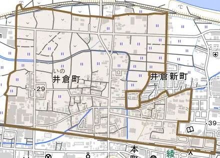 井倉町とその周辺の地図。町の範囲を重ねている