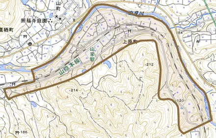 上原町とその周辺の地図。町の範囲を重ねている