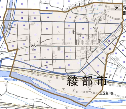 栗町とその周辺の地図。町の範囲を重ねている