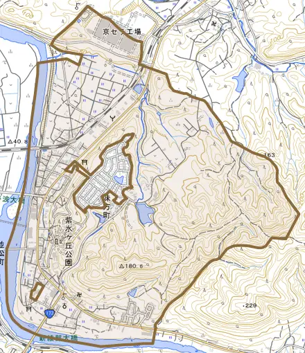 味方町とその周辺の地図。町の範囲を重ねている