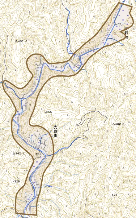 光野町とその周辺の地図。町の範囲を重ねている