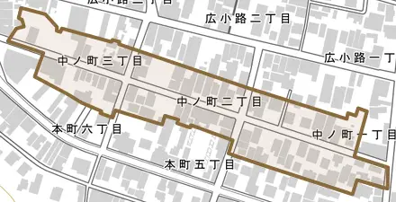 中ノ町とその周辺の地図。町の範囲を重ねている