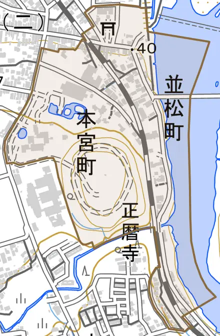 並松町とその周辺の地図。町の範囲を重ねている