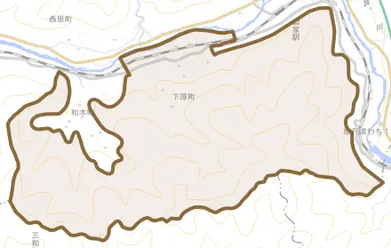 下原町とその周辺の地図。町の範囲を重ねている