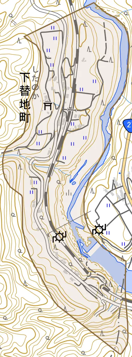 下替地町とその周辺の地図。町の範囲を重ねている