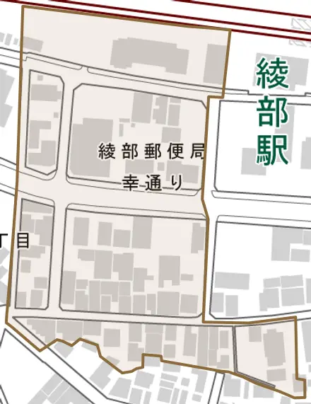 幸通とその周辺の地図。町の範囲を重ねている