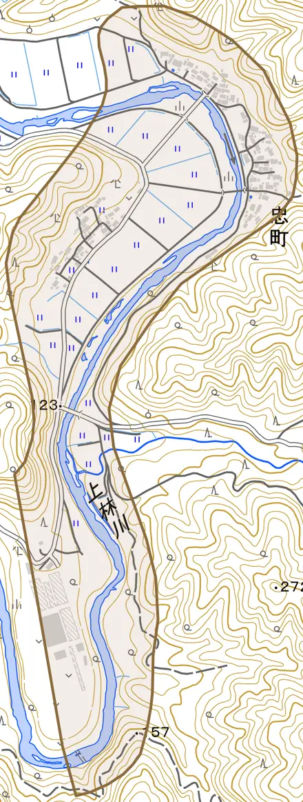 忠町とその周辺の地図。町の範囲を重ねている