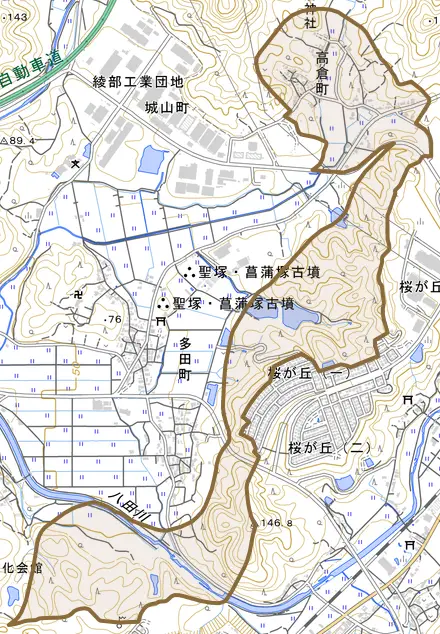 高倉町とその周辺の地図。町の範囲を重ねている