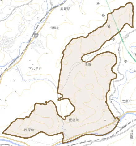 鷹栖町とその周辺の地図。町の範囲を重ねている