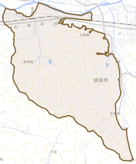 高津町とその周辺の地図。町の範囲を重ねている
