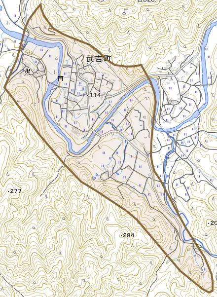 武吉町とその周辺の地図。町の範囲を重ねている