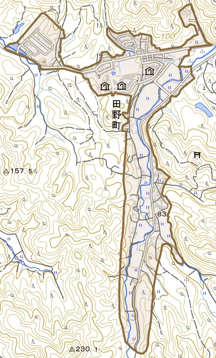 田野町とその周辺の地図。町の範囲を重ねている