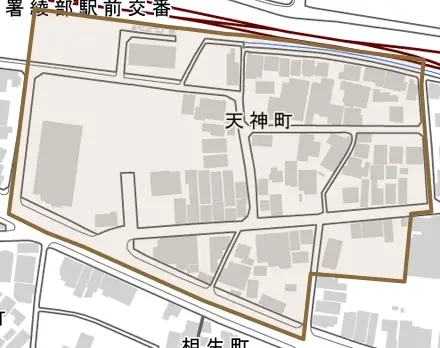 天神町とその周辺の地図。町の範囲を重ねている