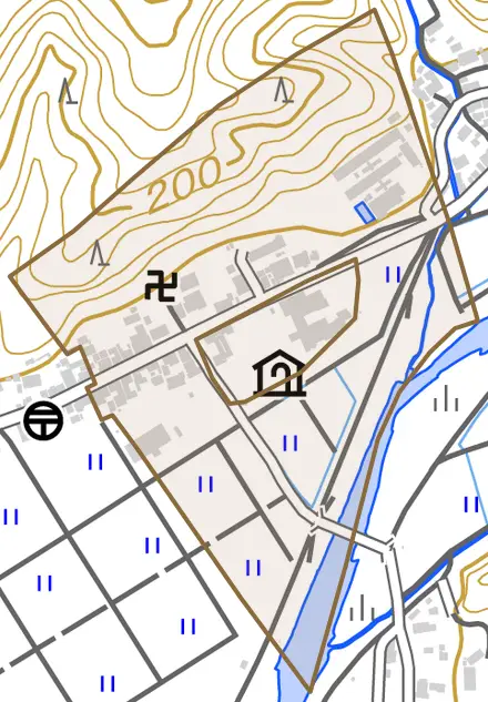 寺町とその周辺の地図。町の範囲を重ねている