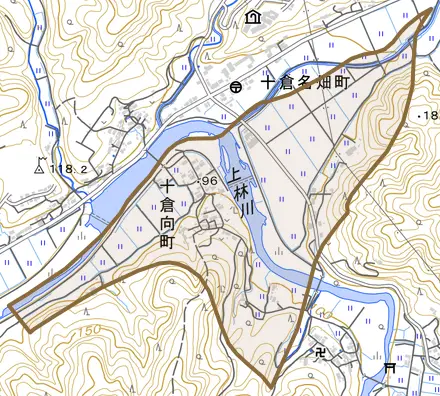 十倉向町とその周辺の地図。町の範囲を重ねている