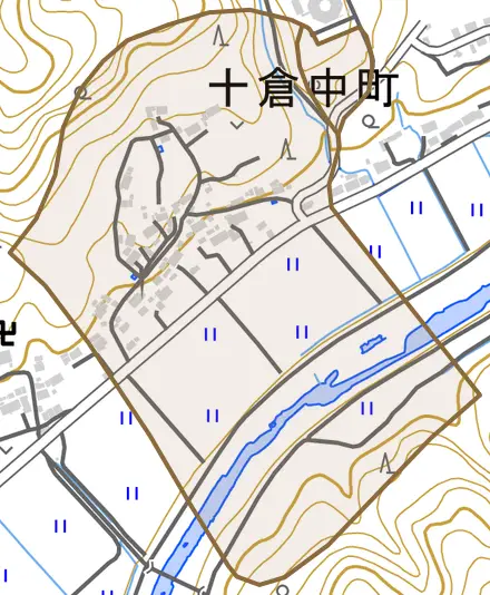 十倉中町とその周辺の地図。町の範囲を重ねている