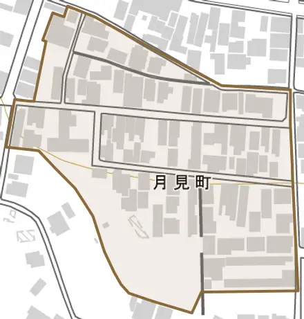 月見町とその周辺の地図。町の範囲を重ねている