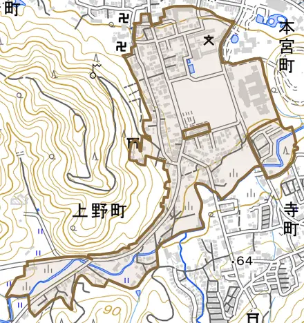 上野町とその周辺の地図。町の範囲を重ねている
