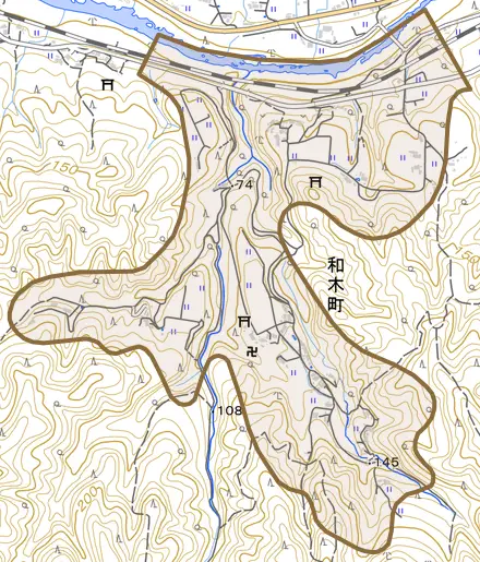 和木町とその周辺の地図。町の範囲を重ねている