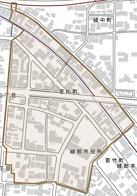 若松町とその周辺の地図。町の範囲を重ねている