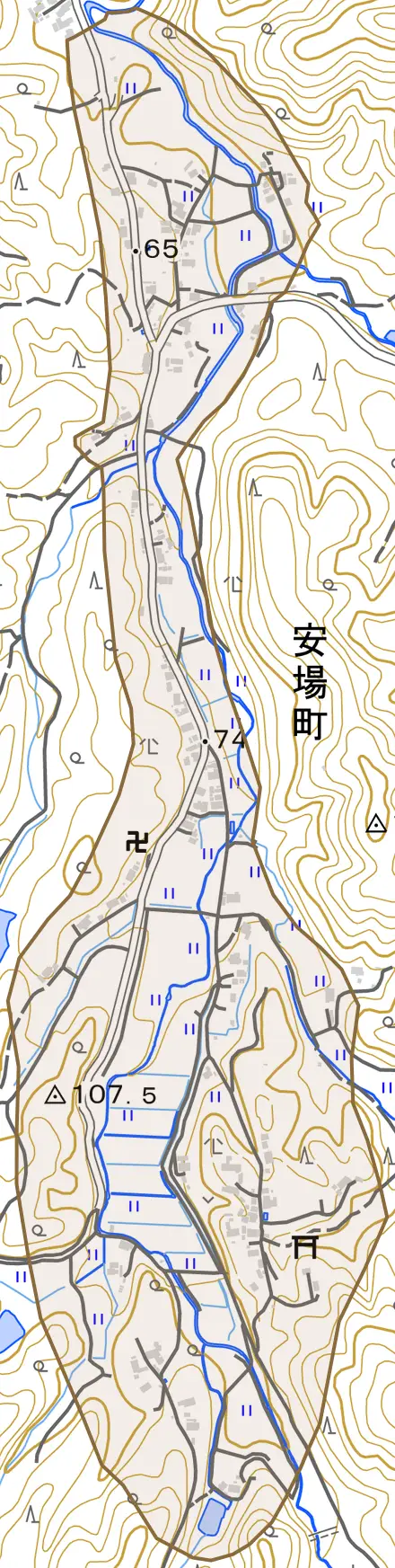 安場町とその周辺の地図。町の範囲を重ねている