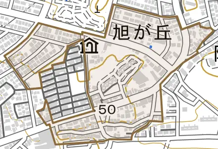 旭が丘とその周辺の地図。町の範囲を重ねている