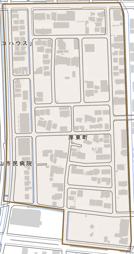 厚東町とその周辺の地図。町の範囲を重ねている