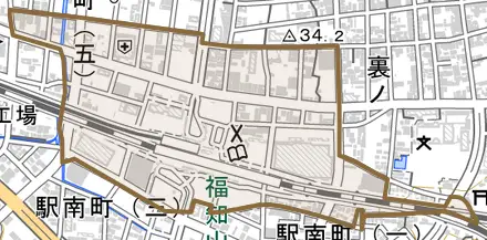 駅前町とその周辺の地図。町の範囲を重ねている