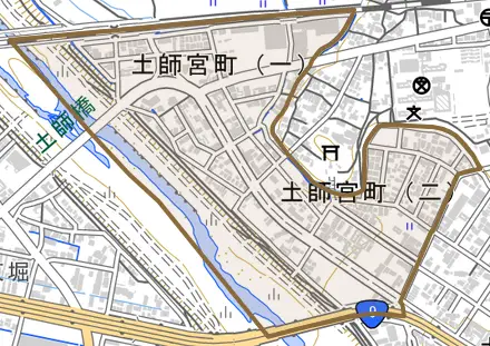 土師宮町とその周辺の地図。町の範囲を重ねている