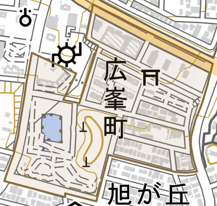広峯町とその周辺の地図。町の範囲を重ねている