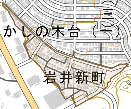 岩井新町とその周辺の地図。町の範囲を重ねている