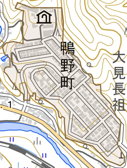 鴨野町とその周辺の地図。町の範囲を重ねている