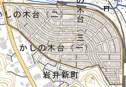 かしの木台とその周辺の地図。町の範囲を重ねている