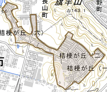 桔梗が丘とその周辺の地図。町の範囲を重ねている