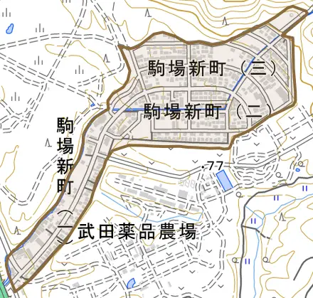 駒場新町とその周辺の地図。町の範囲を重ねている