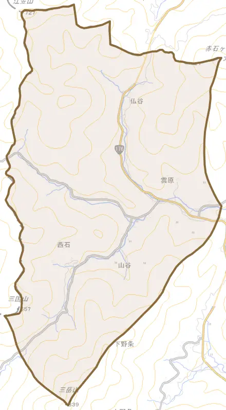 字雲原とその周辺の地図。町の範囲を重ねている