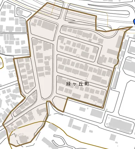 緑ヶ丘町とその周辺の地図。町の範囲を重ねている