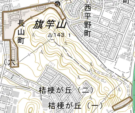 長山町とその周辺の地図。町の範囲を重ねている