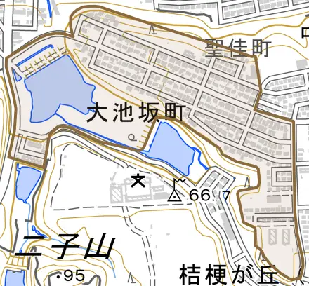 大池坂町とその周辺の地図。町の範囲を重ねている
